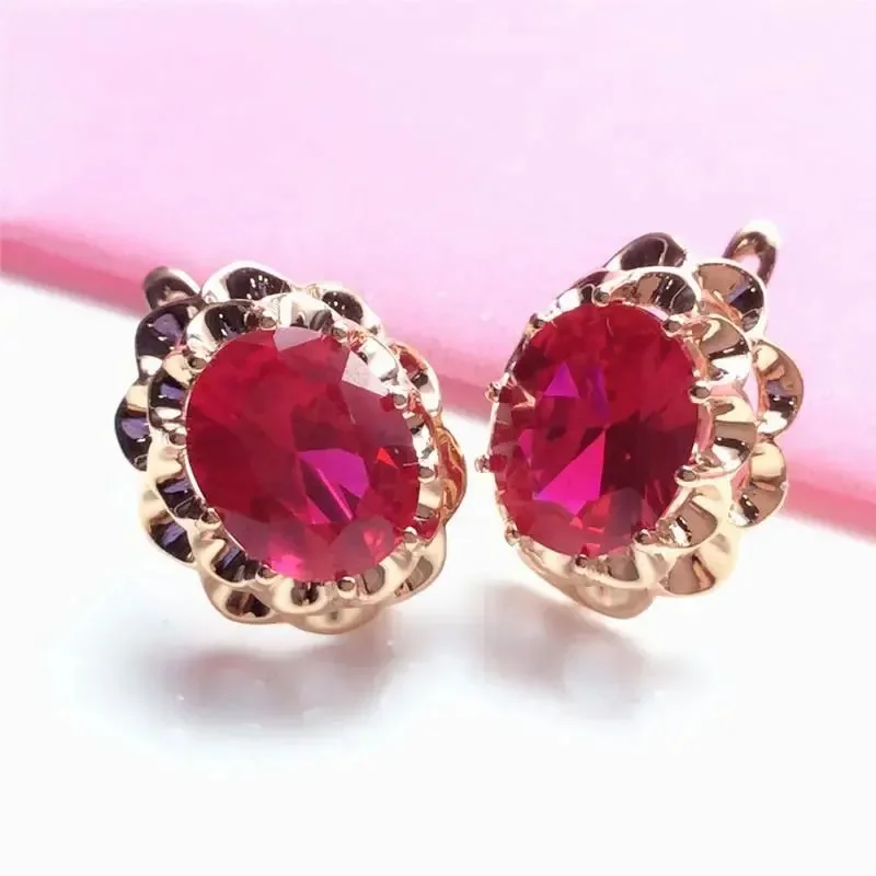 

585 purple gold inlaid 14K rose gold ruby flowers earrings for women fashion luxury exquisite charm wedding jewelry