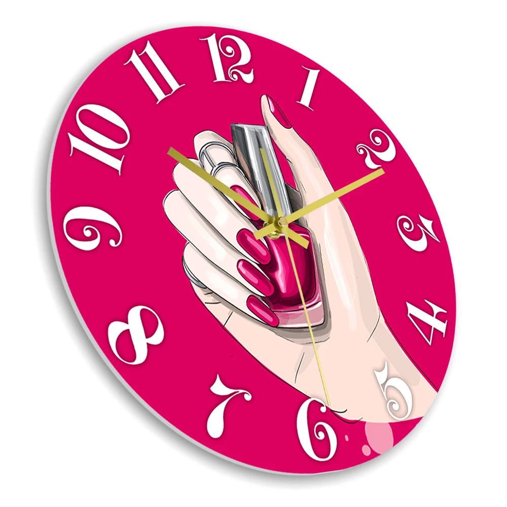 Pink Nail Salon Silent Wall Clock for Girls Room Beauty Salon Studio Big Numbers Wall Clock Manicurist Nail Technicians Gift