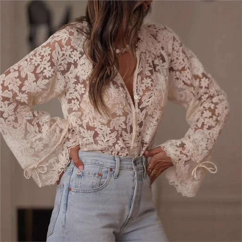 

Elegant Lace Sheer Long Petal Sleeve Tops Blouse Korean Style Hollow V-Neck Spring Summer Floral Hollow Button down Casual Tops