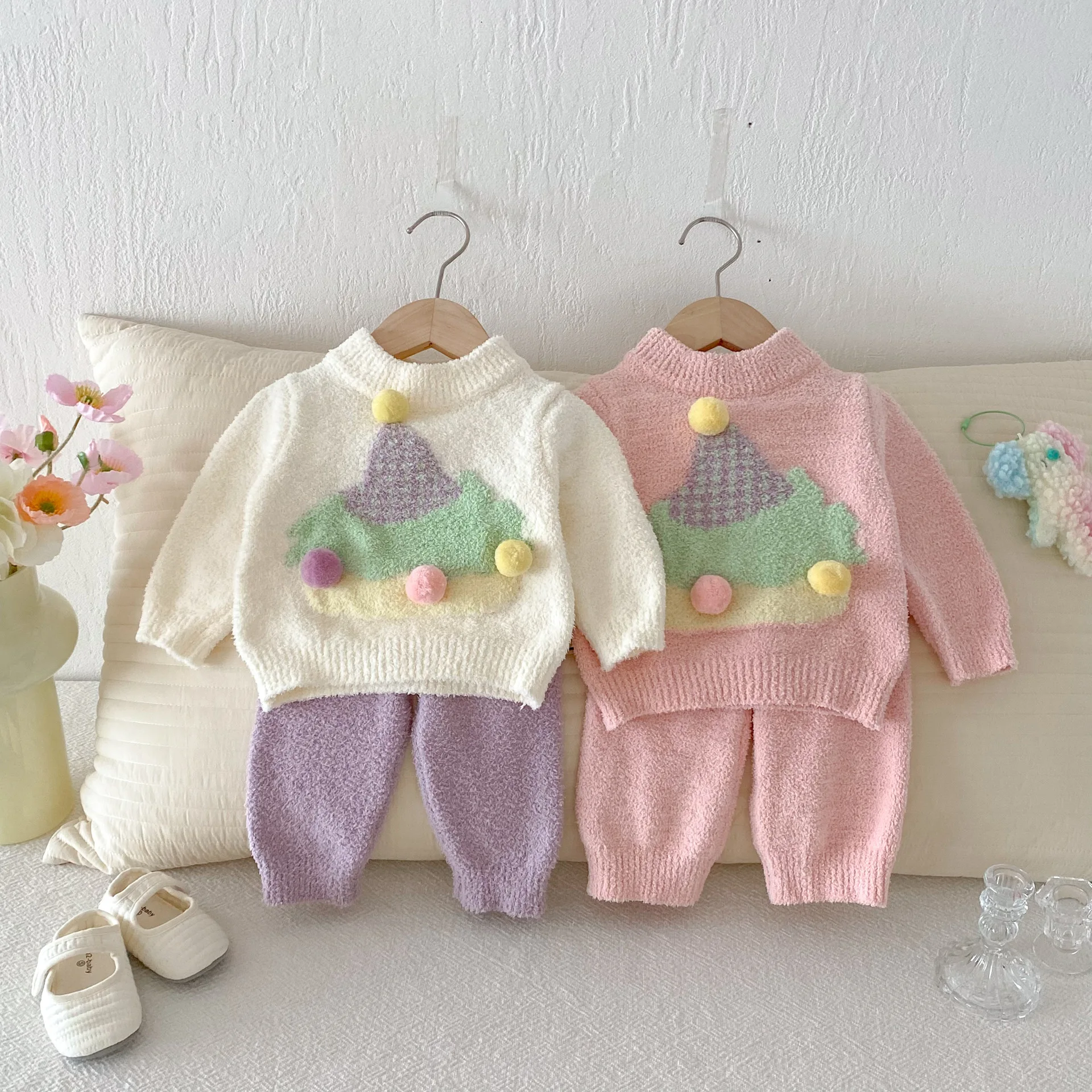 Baby Girl Clothes Plush Christmas Tree Two Piece Set Autumn/Winter New Cute Warm Sweater Home Set for Infants and Young Children