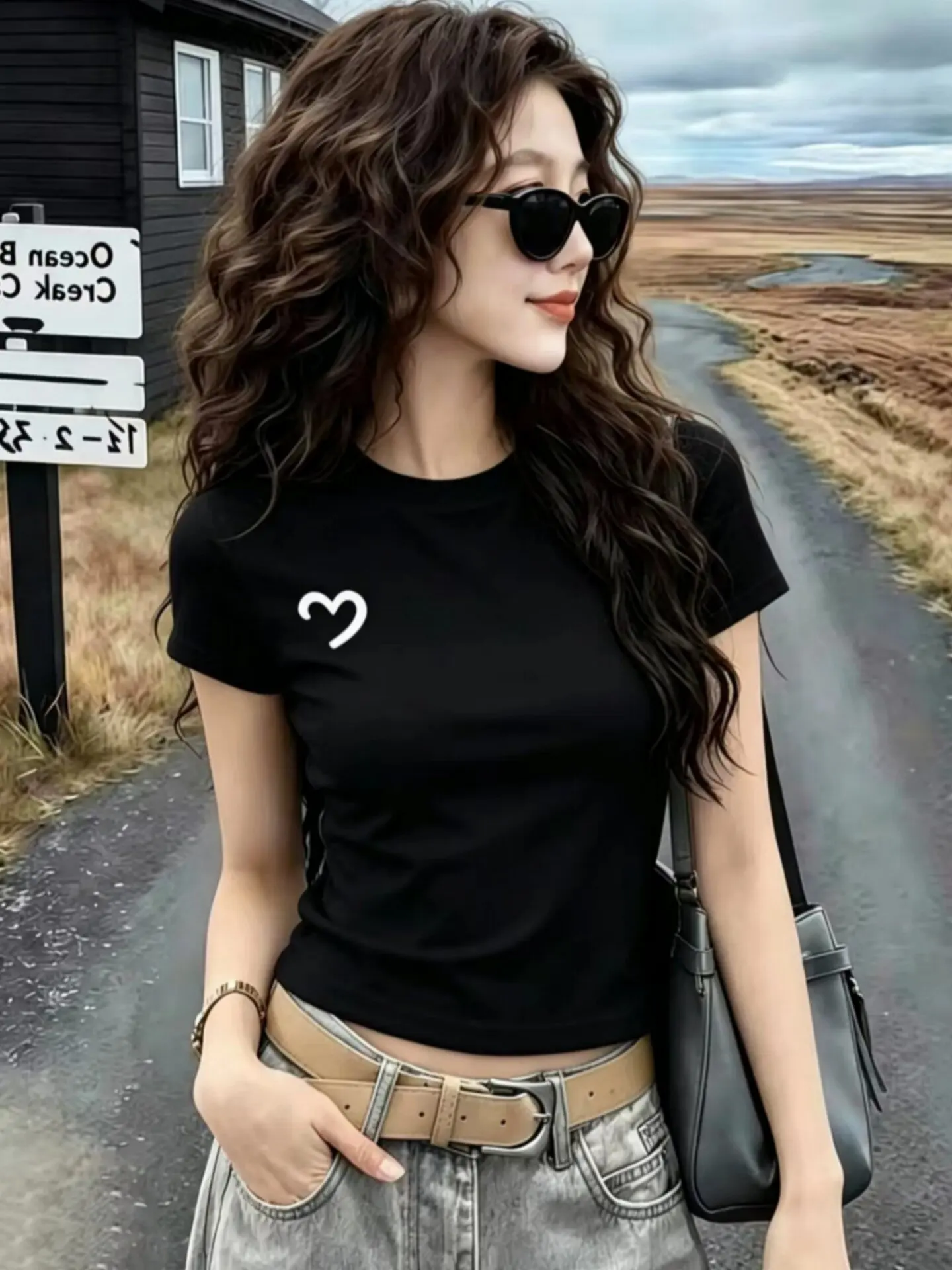 White Short Sleeve round Neck T-Shirt Women's Summer Slim Fit Print Casual Top Versatile Wearable Cotton Blend Comfortable