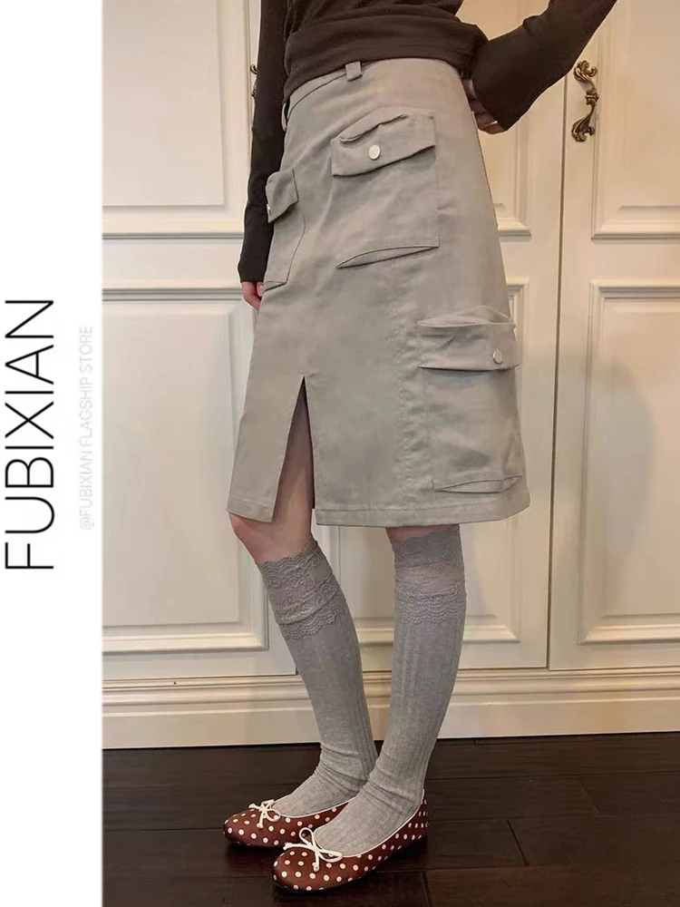 Loose Women's Workwear  Skirt Spring Summer New Style Retro Multi Pocket Gentle Wind Split Half Skirt Korean Version