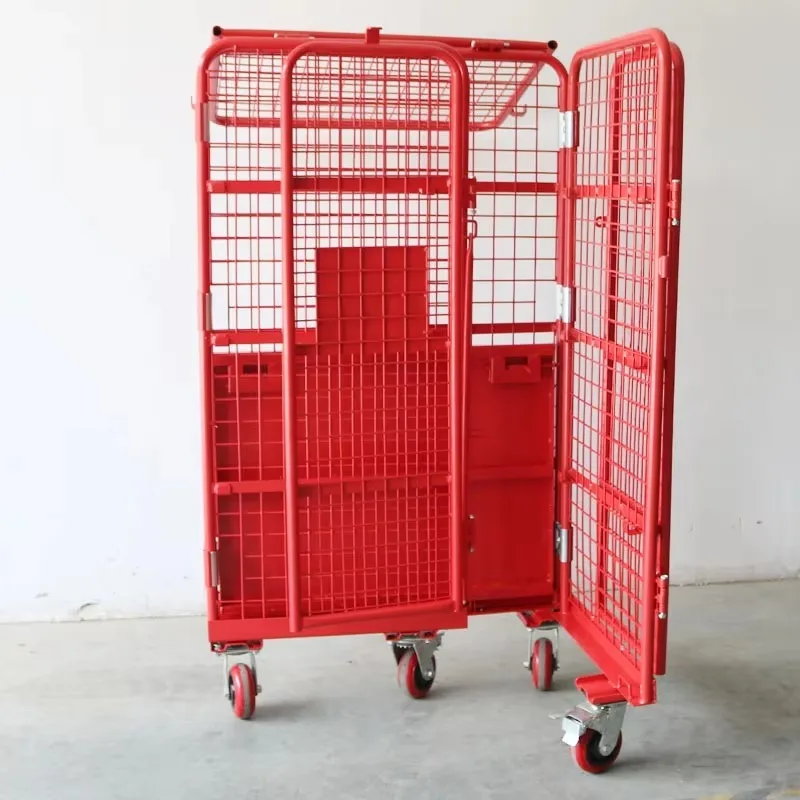 Warehouse Industrial Steel Folding Safety Mesh Four Wheel, Large Capacity Powder Coated Storage Roller Container