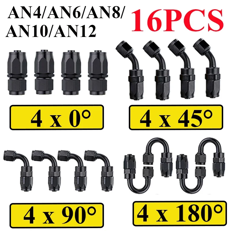 

16Pcs Universal AN4 AN6 AN8 AN10 AN12 Straight 45 90 180 Degree Aluminum Swivel Hose End Fittings Adapter CPE Oil Fuel Line Pipe