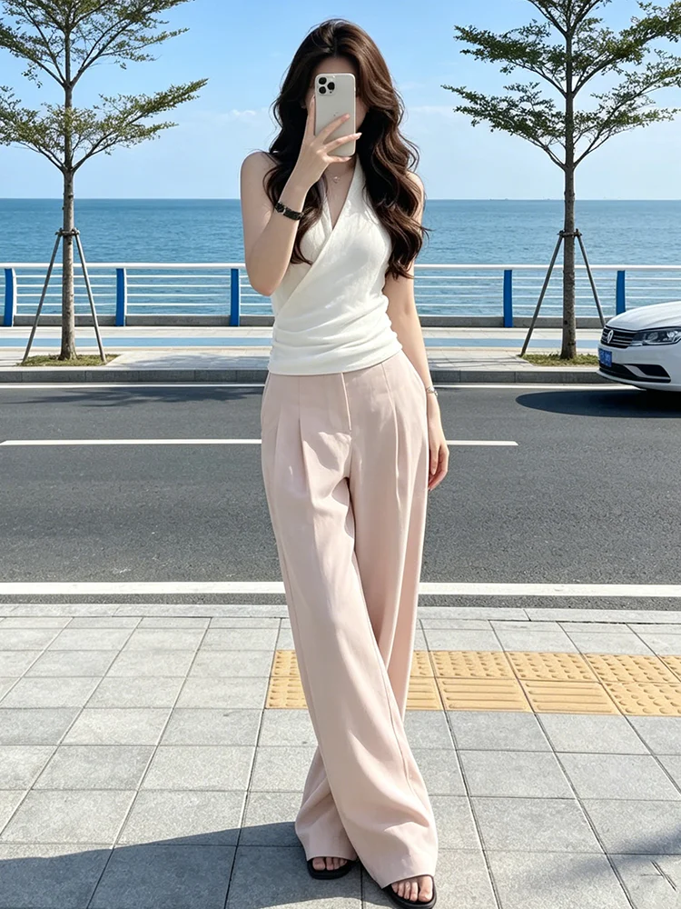 Fashionable Ladies' Two-Piece Set V-Neck Sleeveless Top Wide Leg Pants Slimming Effect Casual Style Summer New Arrival
