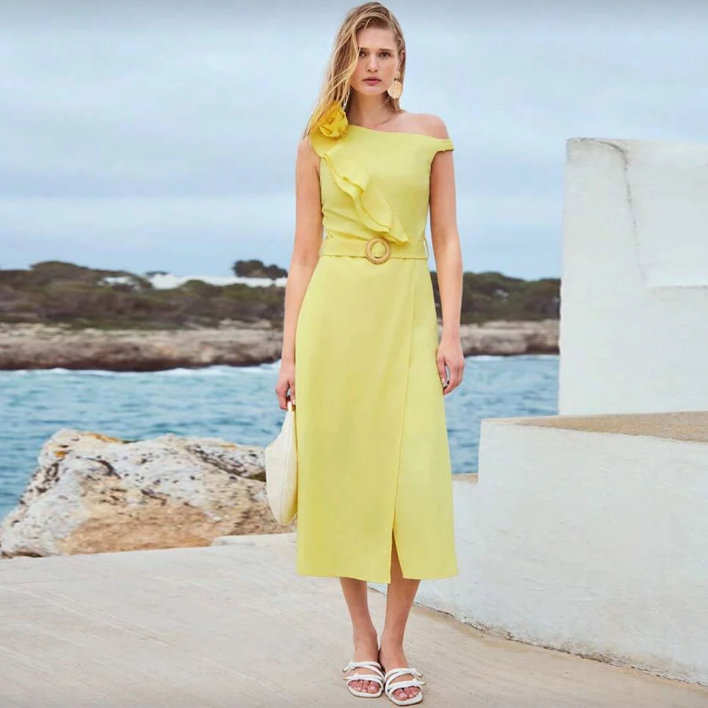 

Simple Jersey Evening Dress Delicate 3D Flowers Party Dresses High Quality Boat Neck Sashes Customized Special Occasion Gowns