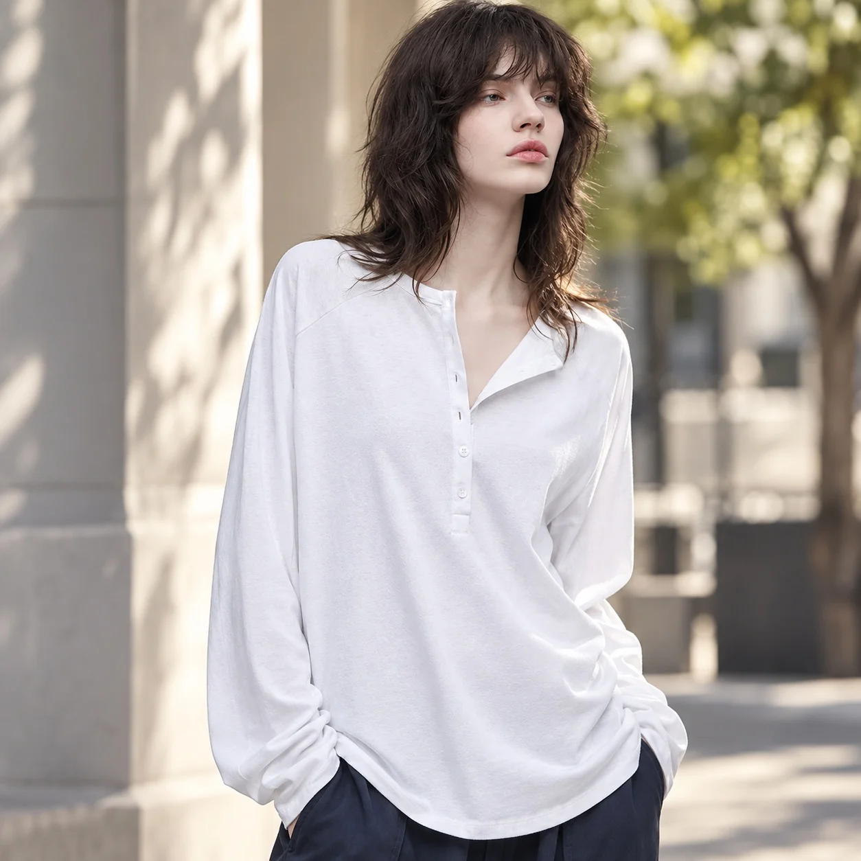 Button Placket Long Sleeve T Shirt Mid Length Casual with Loose Fit Spring Daily Wear Raglan Sleeve Regular Fit for Women