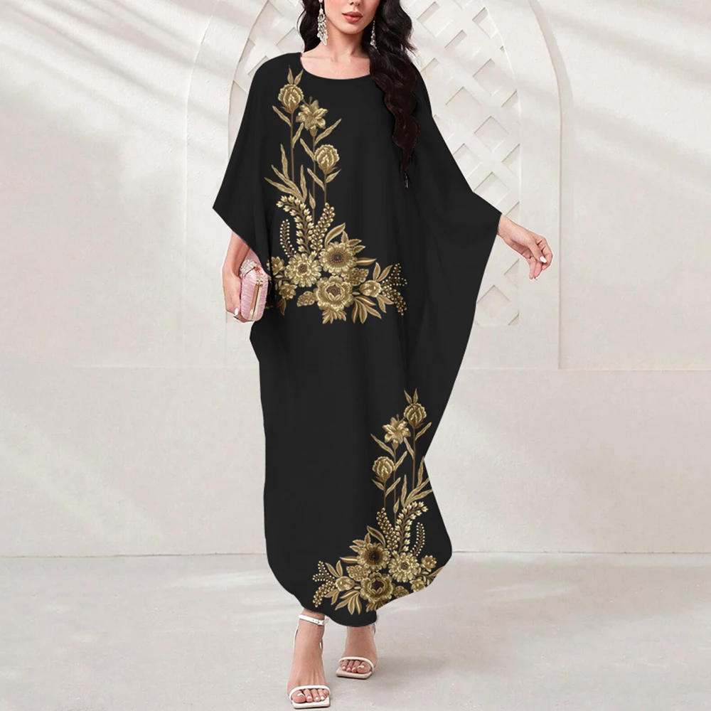 Moslem Batwing Sleeve Robe Dresses Islamic Women's Reach The Ground Long Dresses  Moslem Vintage Robe Printing Comfort Dresses