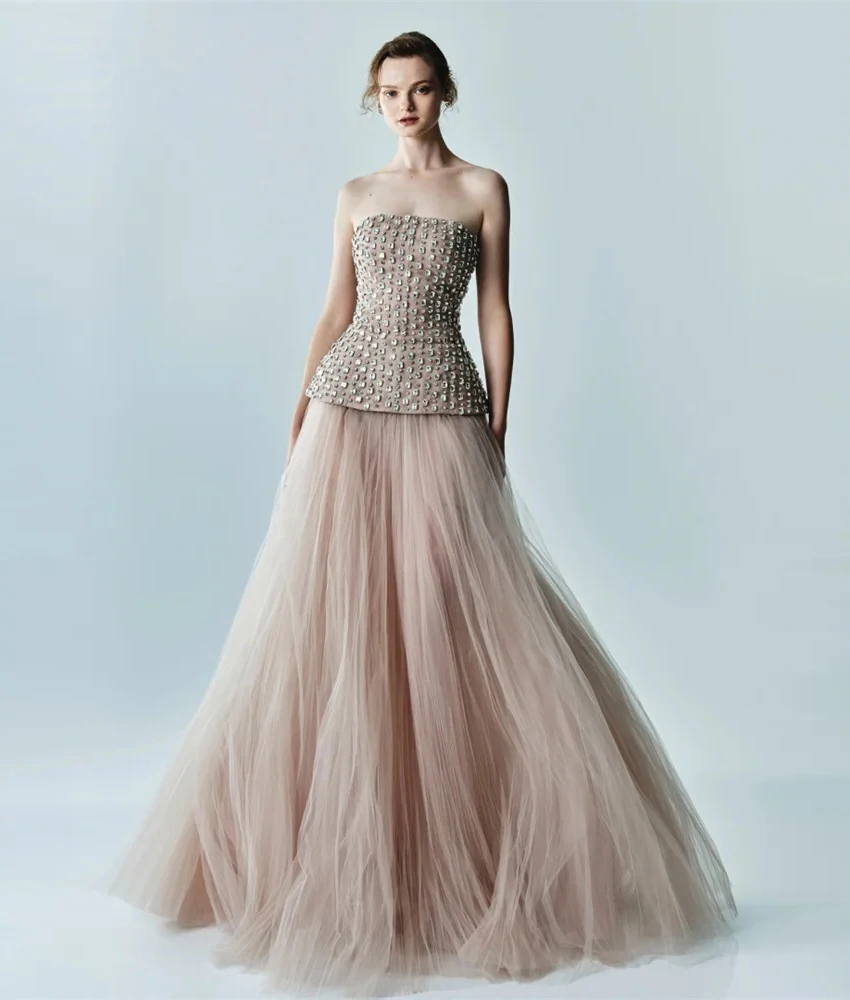 

Lzhk Индивидуальное изысканное тюлевое вечернее платье трапециевидной формы с кристаллами, высокое качество, без бретелек, без рукавов, длиной до пола, после вечерние платья