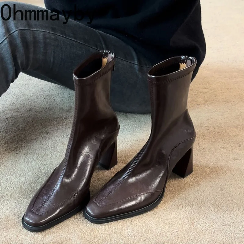 Botines Vintage de tacón alto para Mujer, botines cortos con punta cuadrada a la moda, zapatos de Otoño Invierno para Mujer, Botas para Mujer
