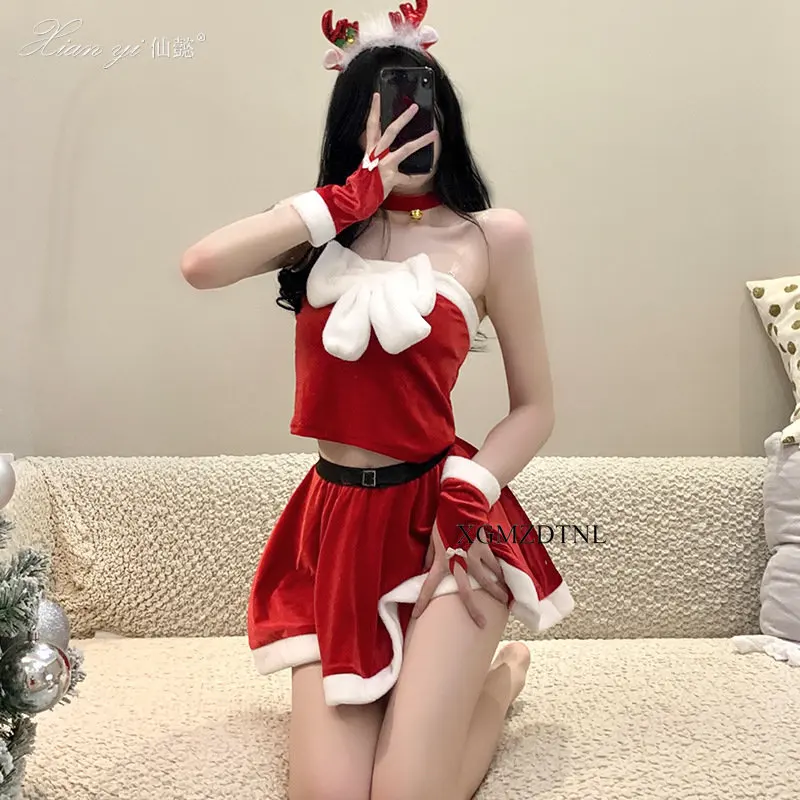 Giáng Sinh Sexy Trang Phục Tóc Vòng Choker Nhung Ống Áo Váy Găng Tay Đầm Năm Mới Ngọt Ngào Halloween Hiệu Suất Đầm Bộ