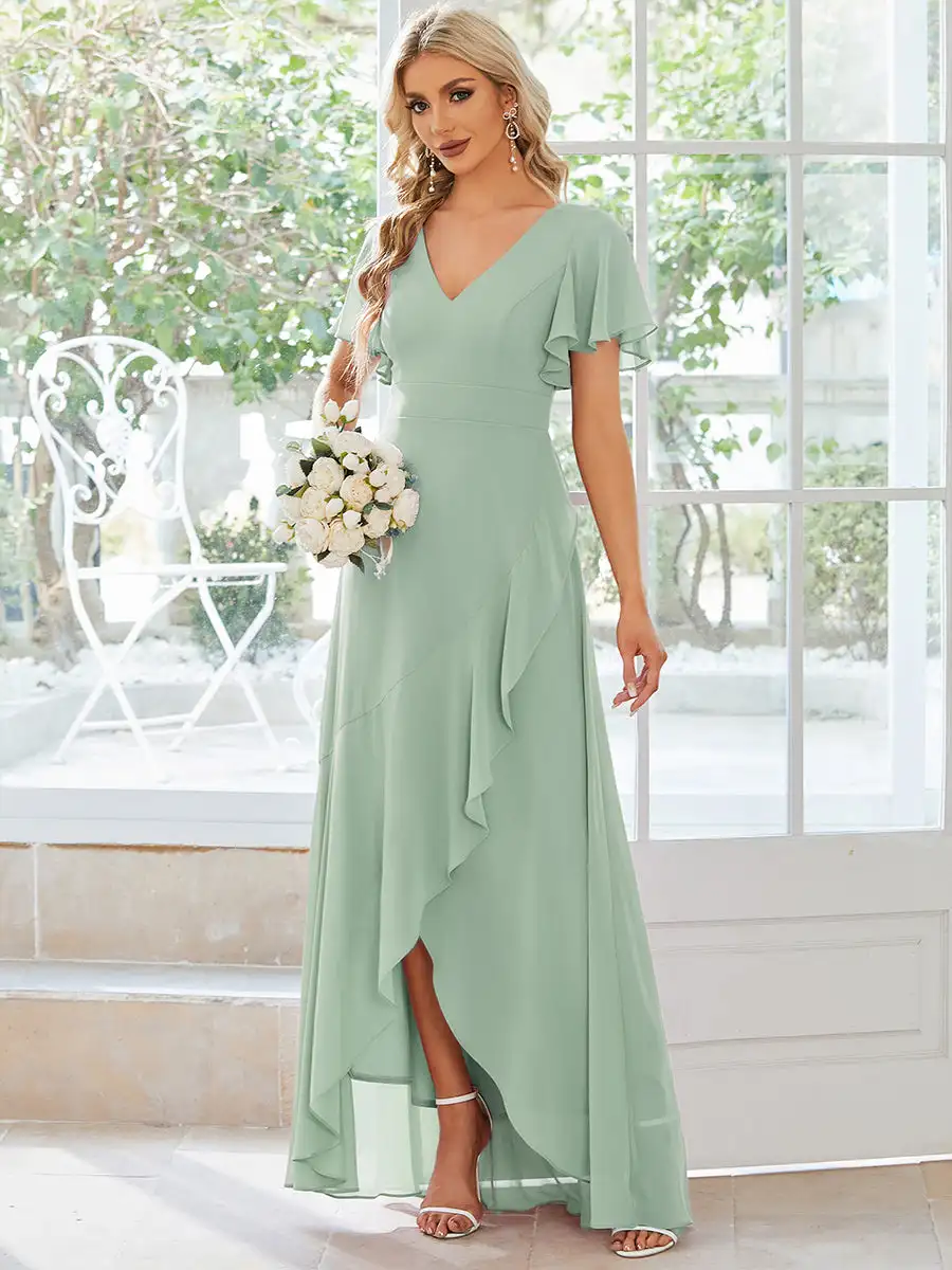 Elegant Evening Dresses V Neck High Low Ruffles Floor-Length 2023 Ever Pretty of A-line Chiffon Mint Green Bridesmaid Dress