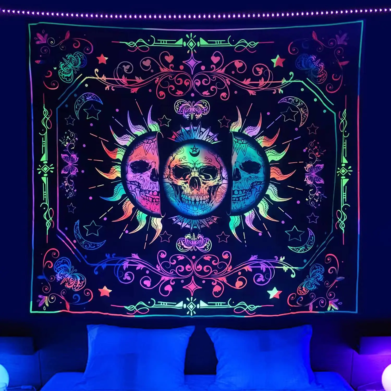 Psychedelic Black Light Skull Head Flourescent Tapestry UV Reactive Tapestries Wall Hanging Hippie Trippy  Home Decor