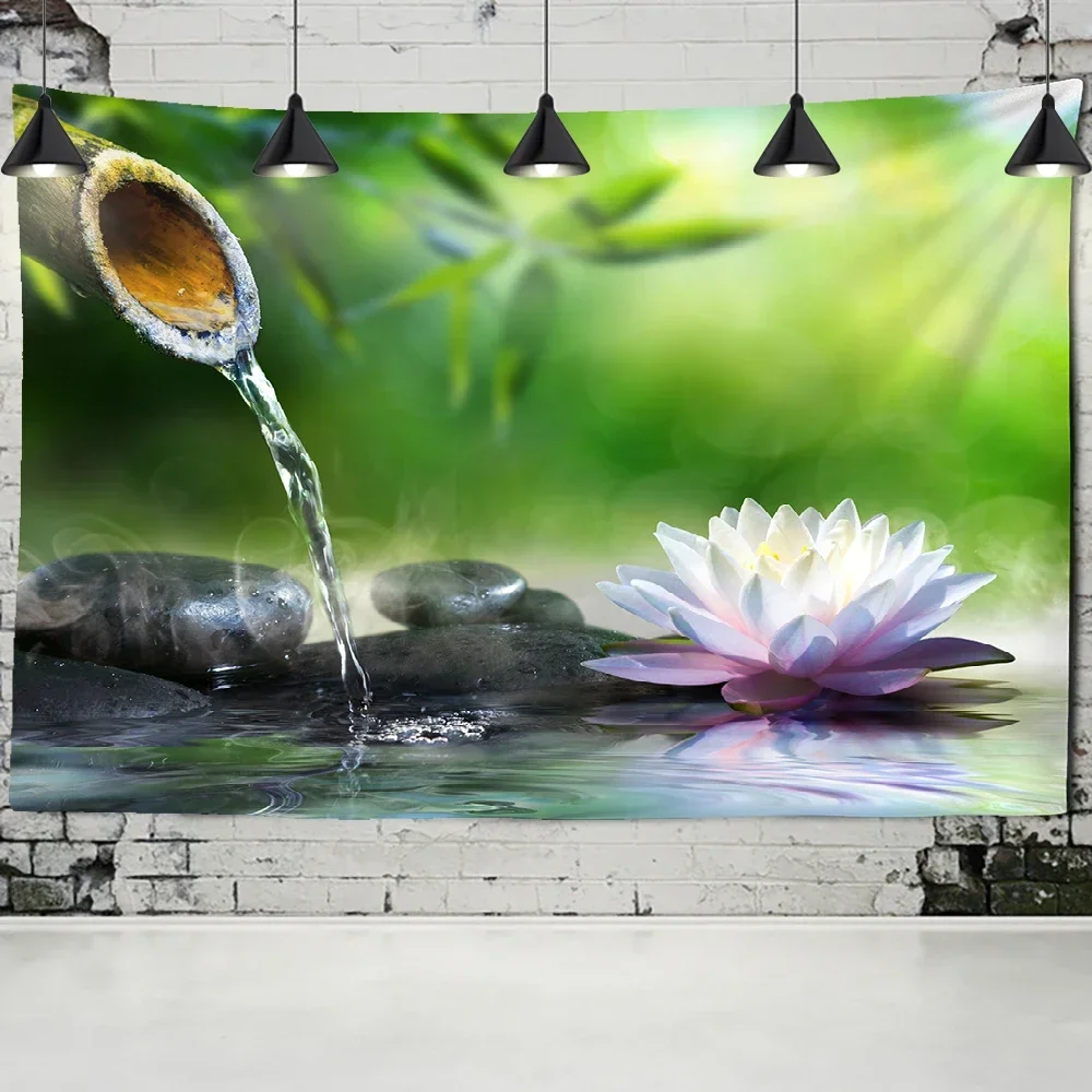 Wall Tapestry Zen Garden Massage Stone and Water Lily Lotus Bamboo Aestheticism for Living Room Bedroom Decoration Women Gifts