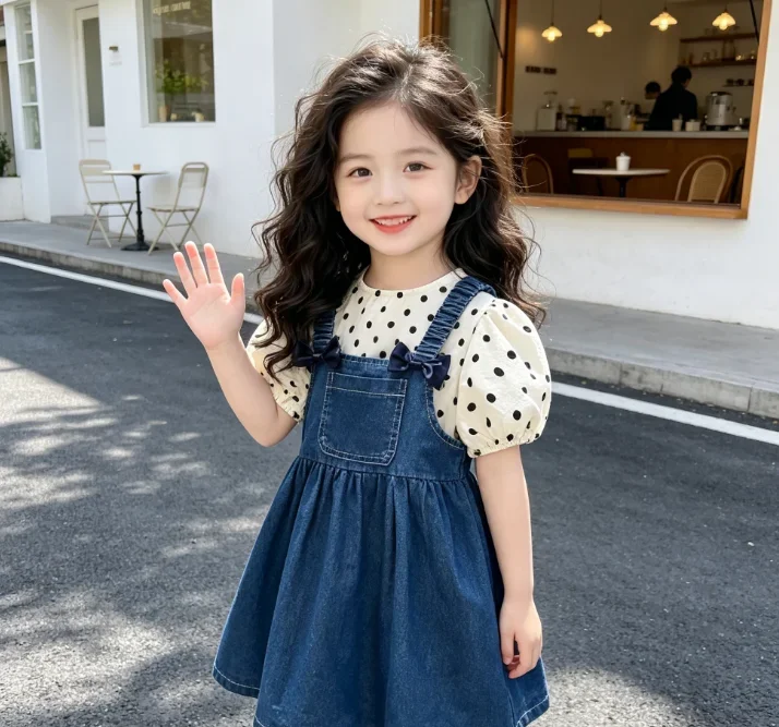 Girls' Dress Summer 2026 New Children's Cowboy Strap Skirt Stylish Set Strap Fashion and Cute Kids Dress