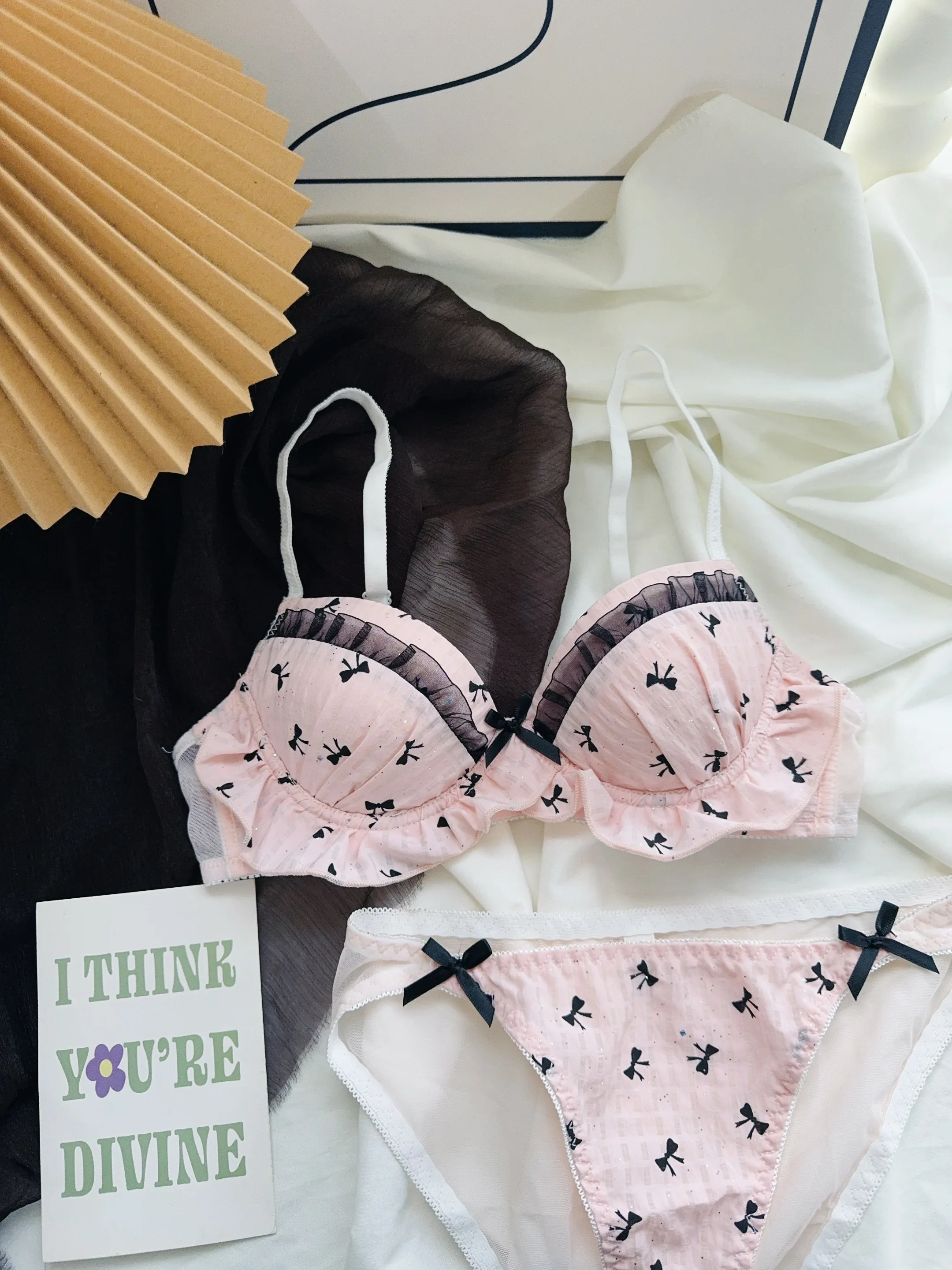 Japanese Style Lace Underwear Set with Bow, Thin & Small Breast Support, No Steel Ring Anti-Sagging Bra & Panty Set