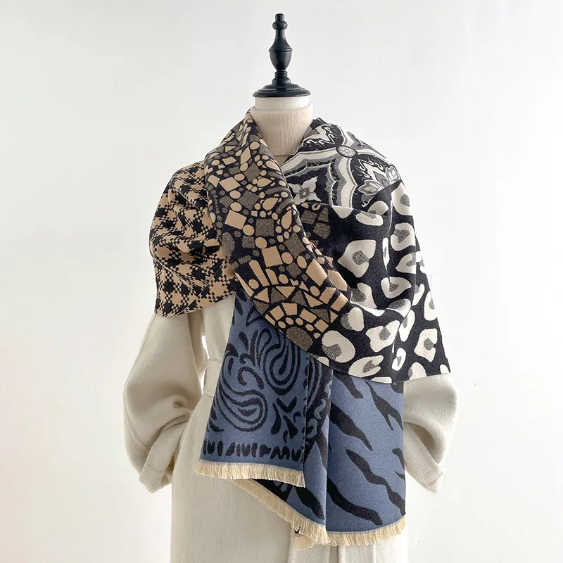 Leopard print plaid scarf autumn and winter imitation cashmere shawl multi-element contrasting color jacquard tassel thickened