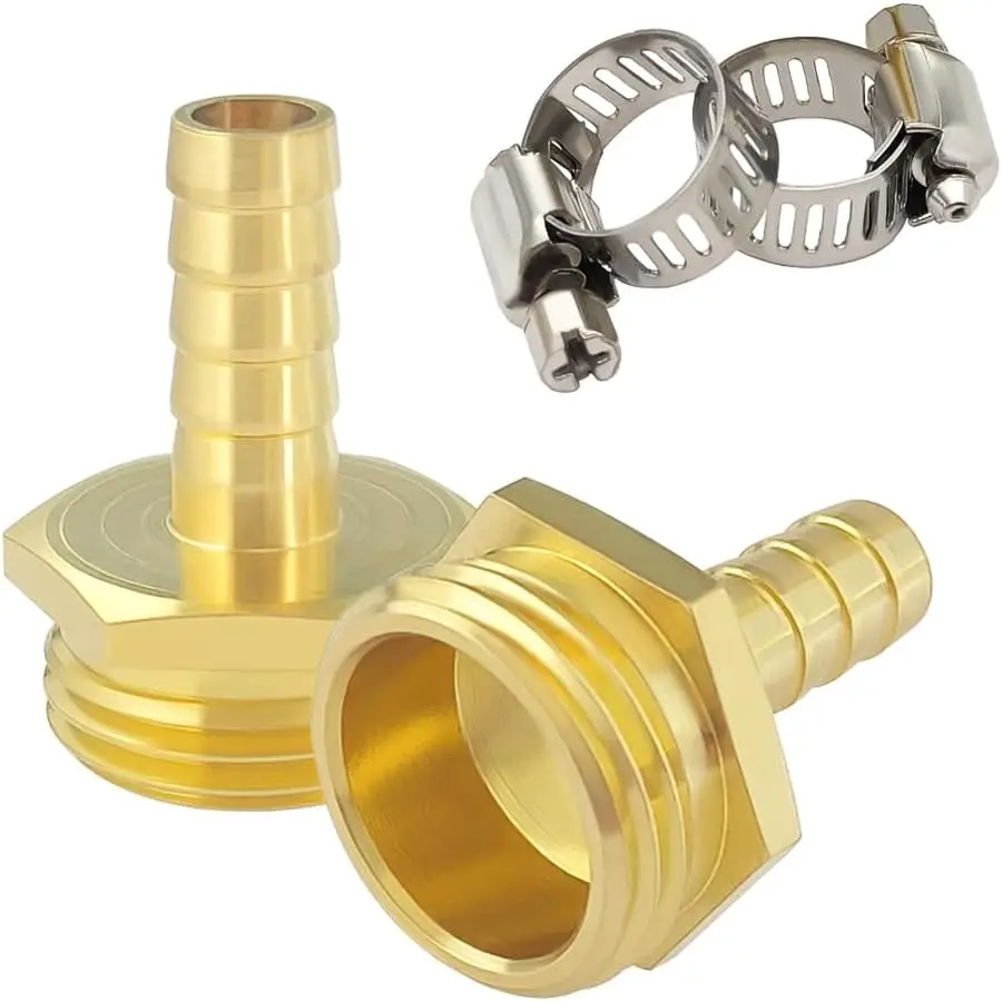 

2PCS 1/4" Barb x 3/4" GHT Male Brass Hose Adapters with Clamps for Garden Hose Repair