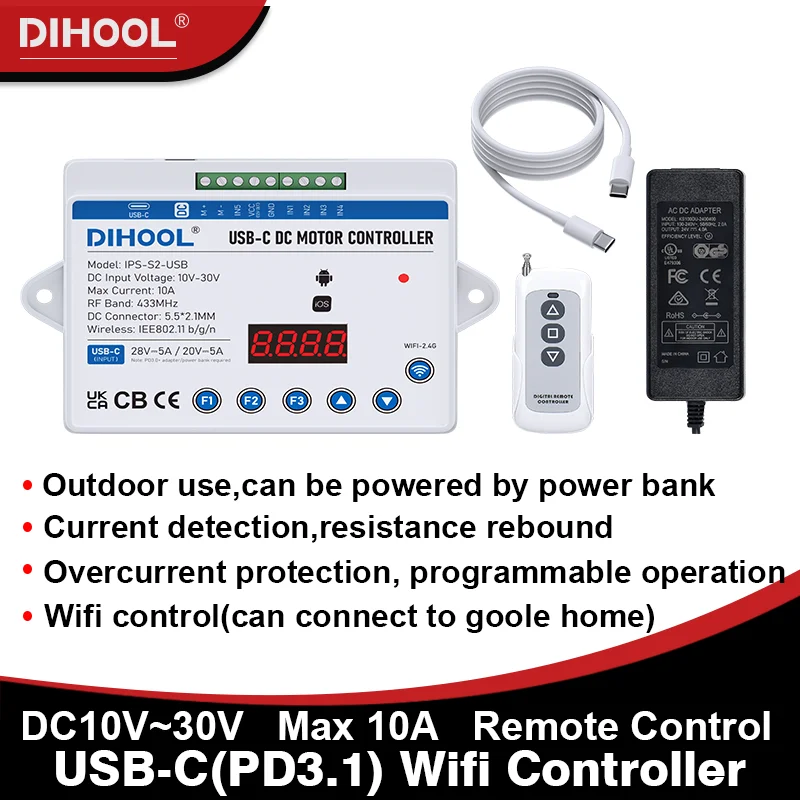 DIHOOL S2-USB DC/AC Motor Controller DC10V-30V 10A Smart WiFi Remote Control Linear Actuator Controller USB-C Power Bank Control