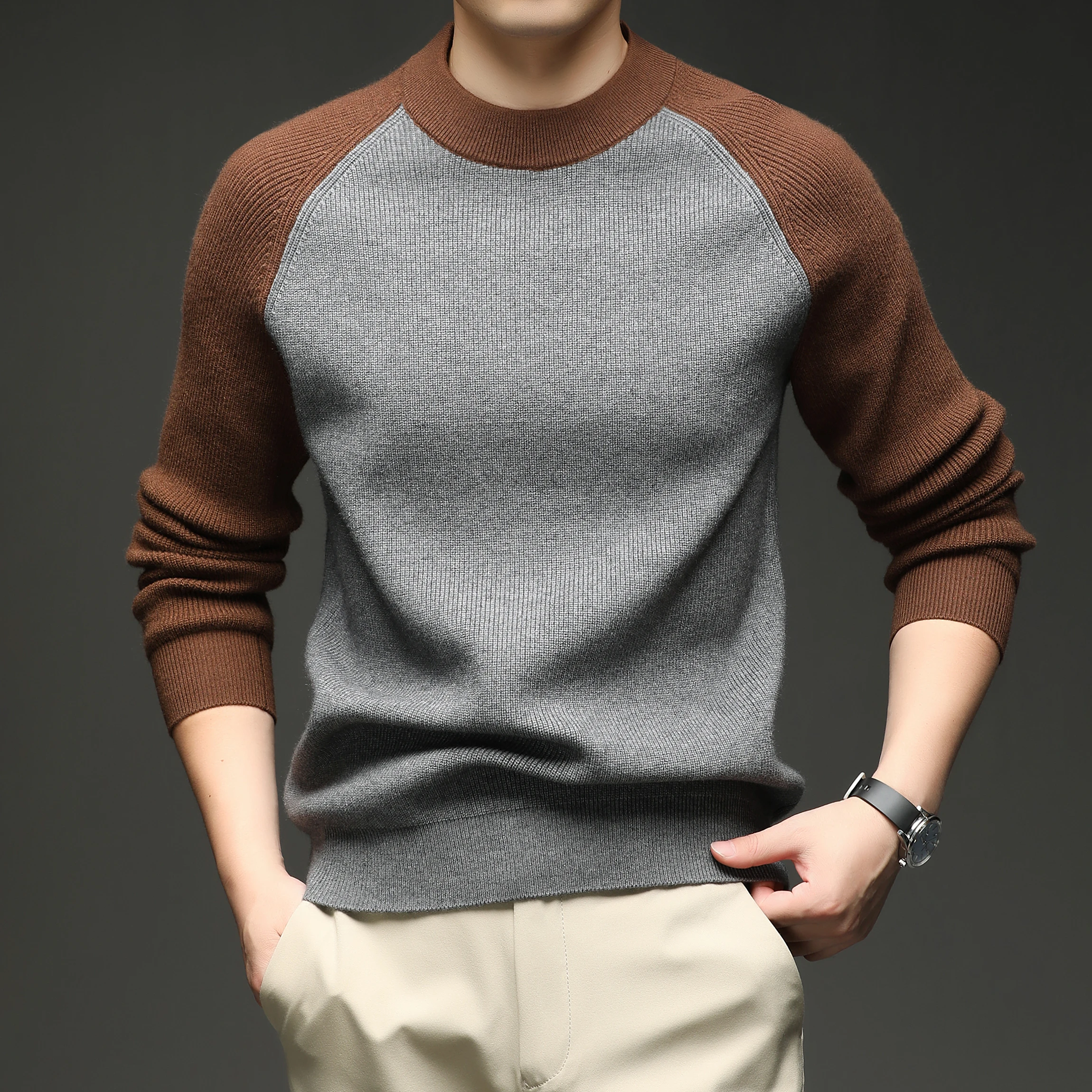 

American Heavyweight Raglan Winter Contrasting Color Splicing Bottoming Shirt Long-sleeved Loose Round Neck Sweatshirt Sweater