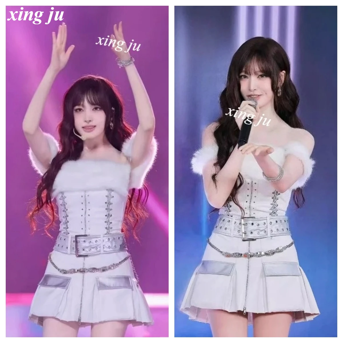 Xing Ju Kpop Singer White Strapless Crop Tops Zipper Tight Skirt Jazz Dance Costume Women Nightclub DJ Stage Performance Outfits