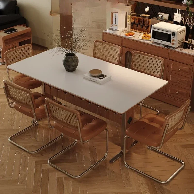 

French retro rock slab dining table rectangular designer household medieval solid wood stainless steel foot Bauhaus dining table