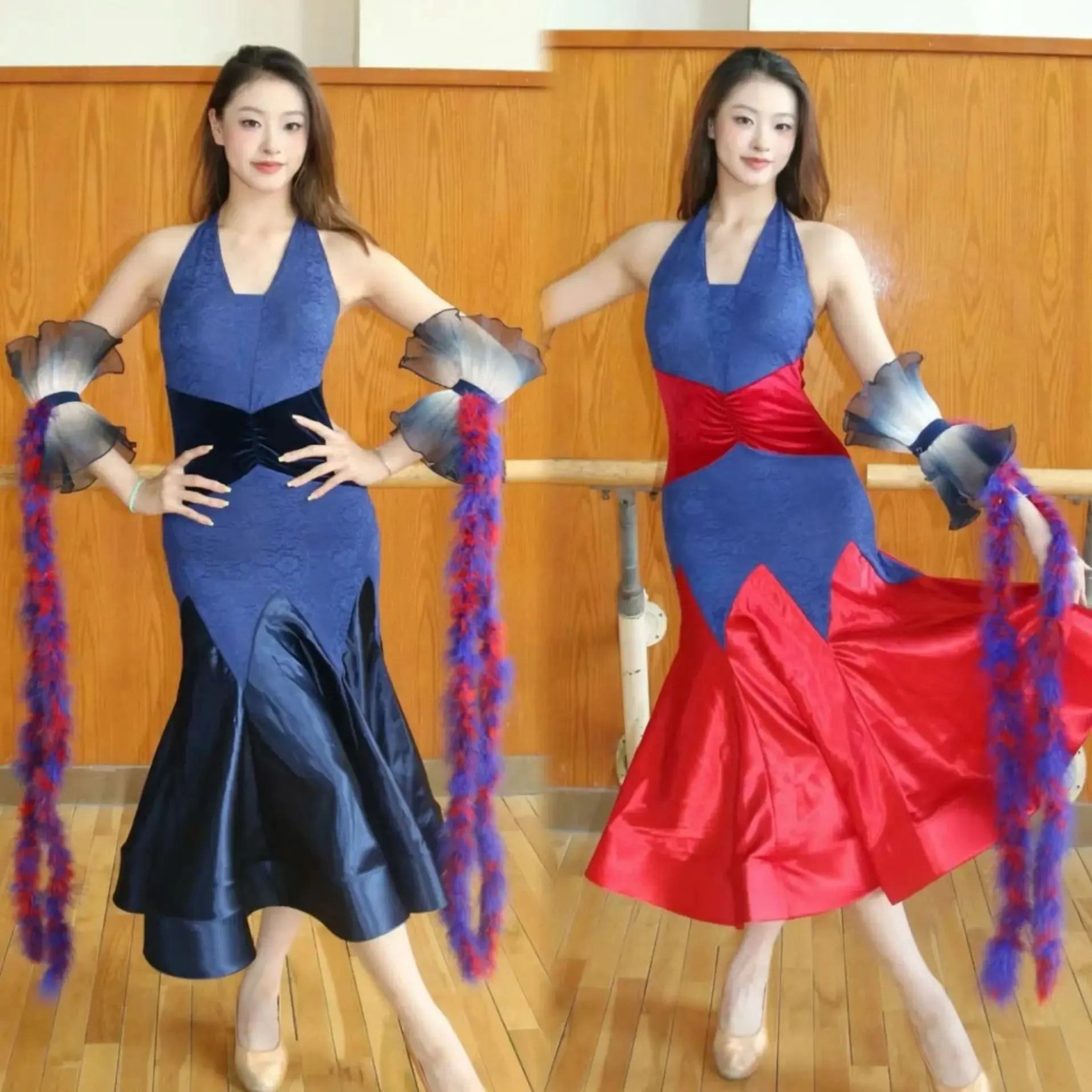 

Ballroom Dance Costumes Competition Dress Women Dress Velvet Patchwork Lace Fishbone Dress Waltz Modern Dance Clothes DN20638