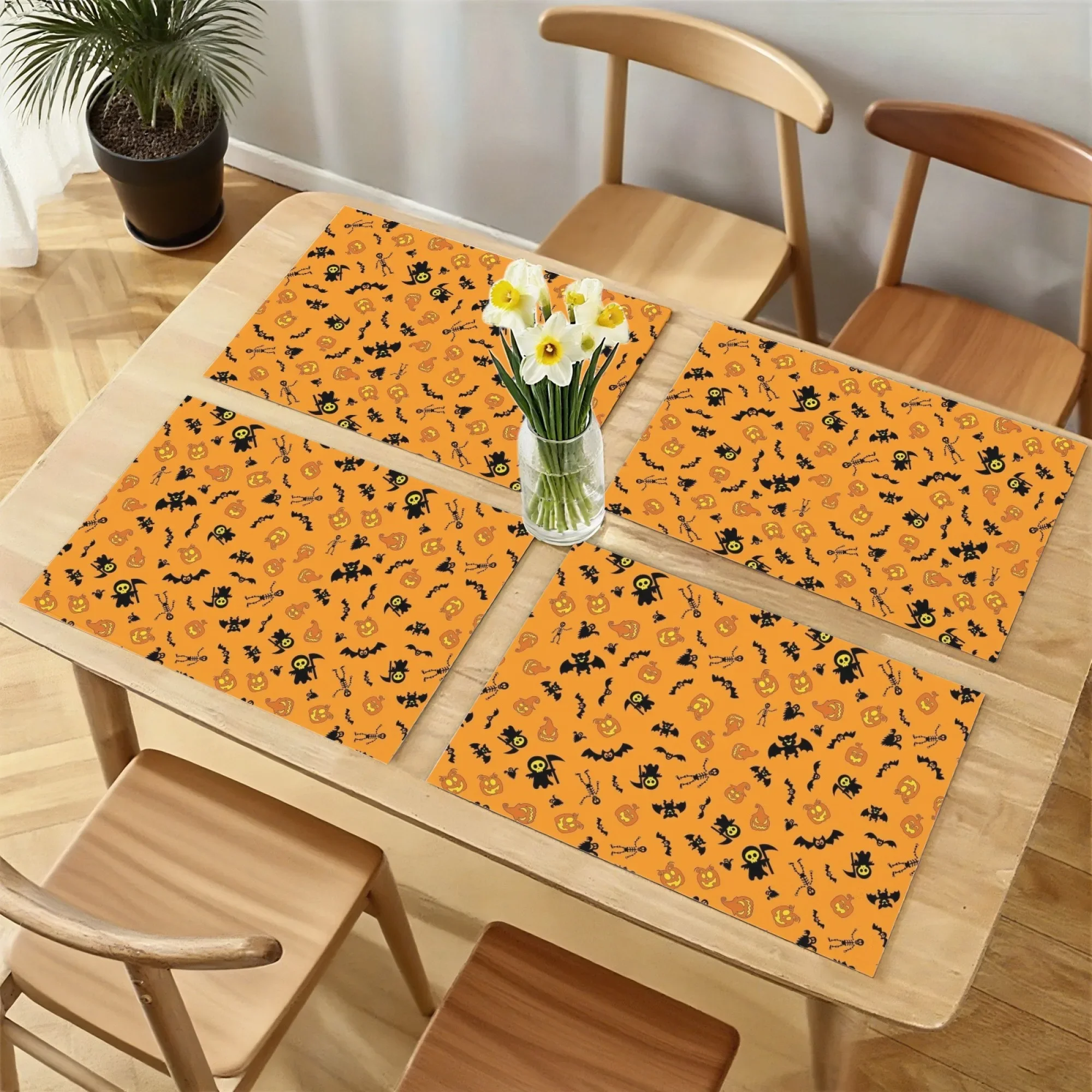 

Boho Halloween Pumpkin & Skull Placemats Set of 4 Bohemian Polyester Table Mats Washable for Kitchen Dining Home Room Decor