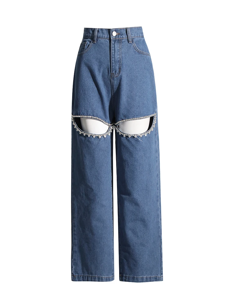 TWOTWINSTYLE Solid Designer Hollow Out Ankle-Length Pant For Women High Waist Patchwork Diamonds Wide Leg Pants Female TPA640161