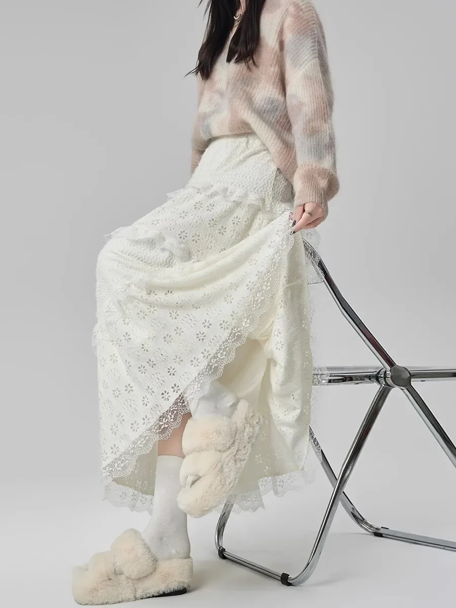 لطيف الرياح عالية الخصر ألف خط الدانتيل الربط تنورة طويلة المرأة خرافة كعكة تنورة منتصف طول ميدي تنورة لخريف شتاء #4