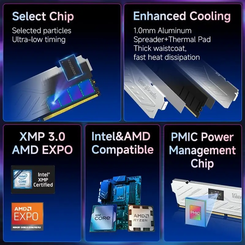 KingBank DDR5 RAM 8GB / 8GBx2 / 16GBx2 6000MHz Desktop Memory CL36/CL30 XMP 3.0/AMD EXPO Desktop Computer Memory Heatsink Silver - view 5