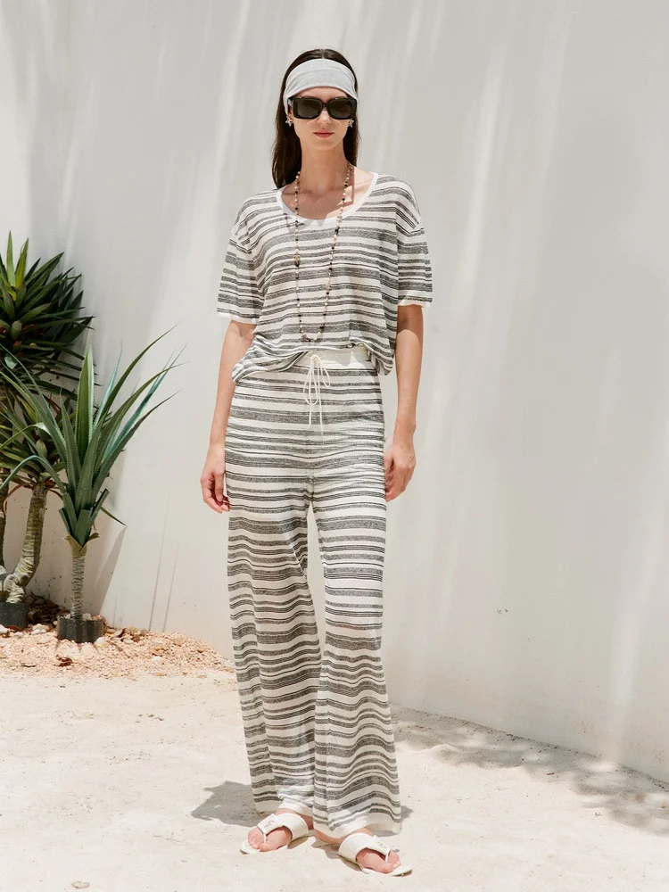 

Комплект Blanini: вязаная футболка с коротким рукавом в полоску и длинные брюки из смесового льна, U-образный вырез, повседневный свободный крой, летний, для прогулок