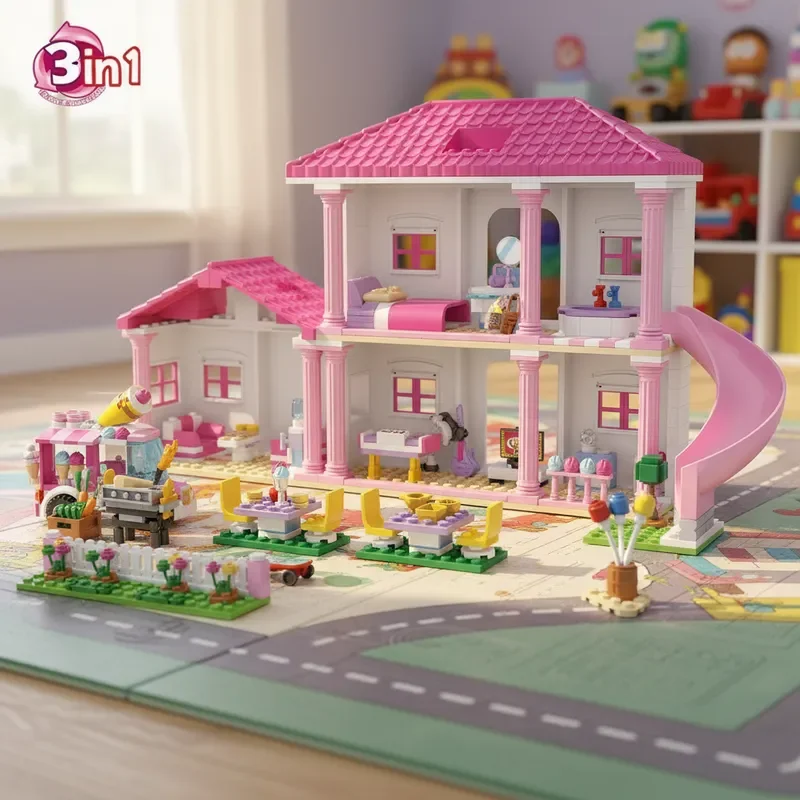 708 قطعة الإبداعية 3in1 فتاة منزل الصيف عطلة فيلا اللبنات DIY بها بنفسك منضدية الديكور عيد ميلاد هدايا عيد الميلاد للأطفال