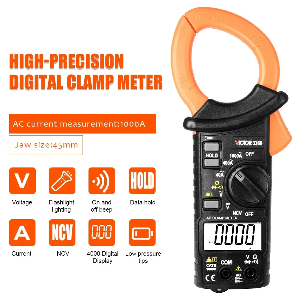 VICTOR 3266 HIGH-PRECISION DIGITAL CLAMP METER High Definition Large Screen Display Maximum Display 4000 Word Height 15mm