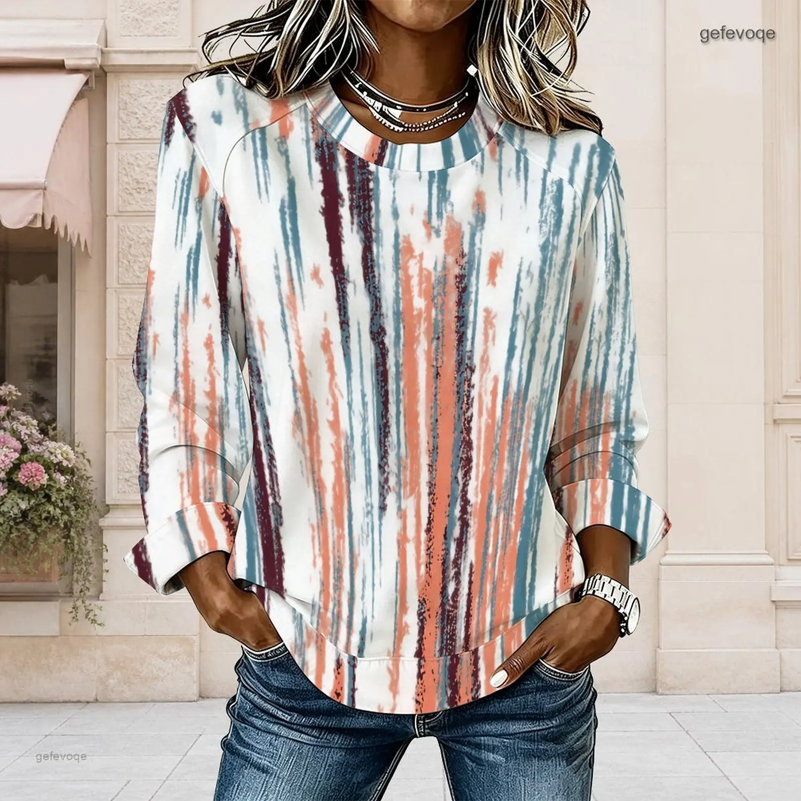 Women Vertical Brush Striped Printed Round Neck Long Sleeve Curved Hem Top