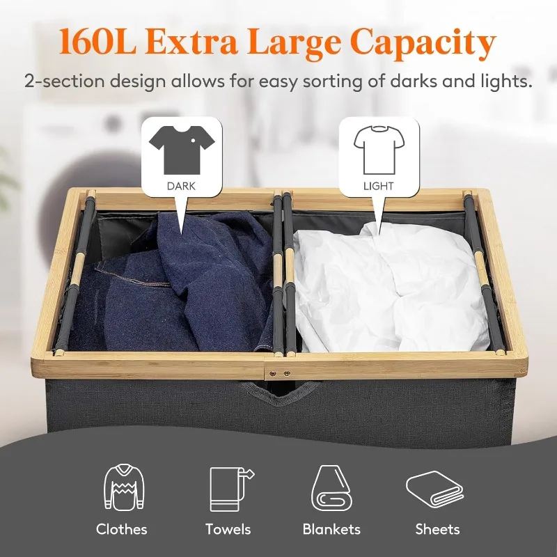 160L Double Laundry Hamper with Lid, Extra Large Bamboo Laundry Basket Dirty Clothes Hamper, 2 Section Laundry Bin Organizer