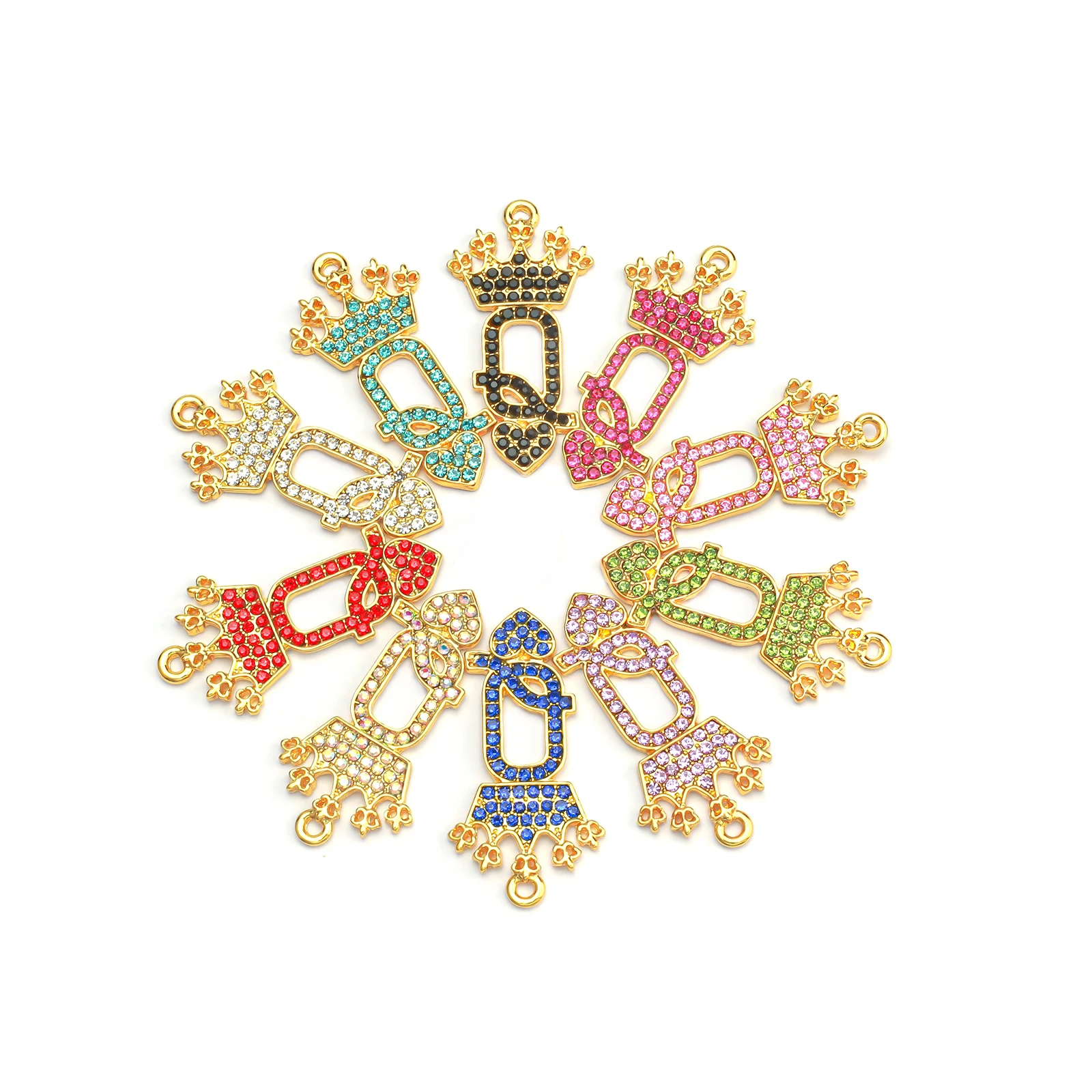 10pcs Crown-Q-Heart Rhinestone Letter Charms for Bracelet Bangle Jewelry Making DIY Accessories Wholesale LTC0233-LTC0236