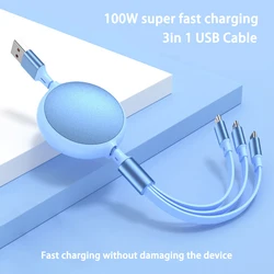 3in1 Retractable 6A 100W USB Cable for iPhone 14 13 12 Pro Max USB To 8 pin/Type C/Micro Fast Charge Kable for Huawei Data Cable