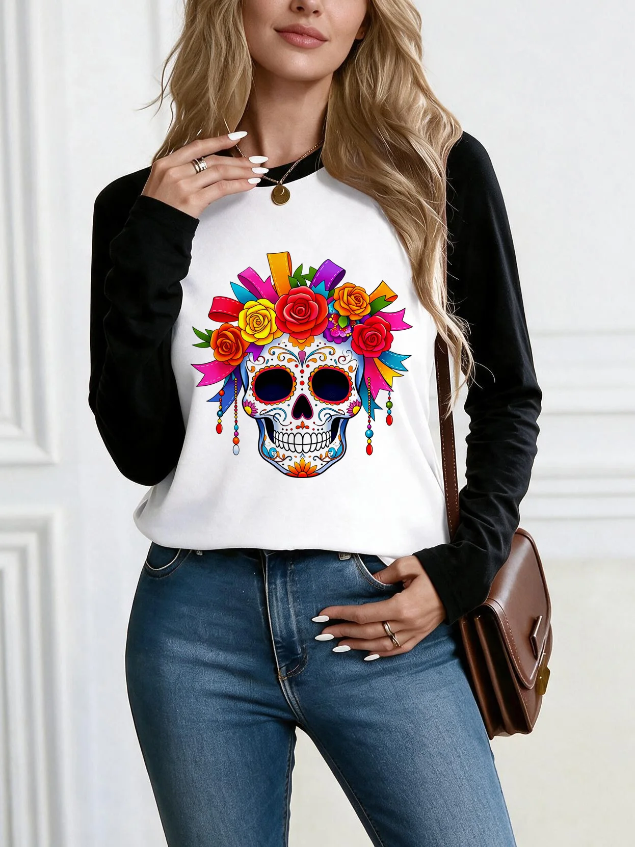 Women's Colorful Sugar Skull with Flowers Print T-Shirt Day of The Dead Casual Long Sleeve Tops Festive and Vibrant Clothes
