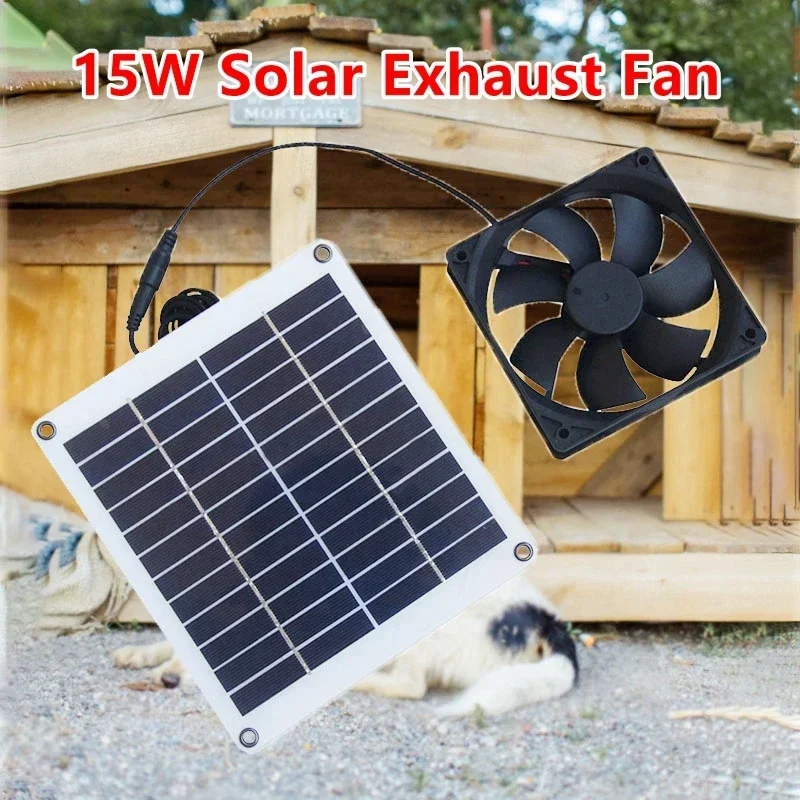 15W 12V Solar Panel Fan Outdoor Solar Exhaust Fan Air Extractor Pet Dog House Air Flow Solar Fan for Home Office Greenhouse