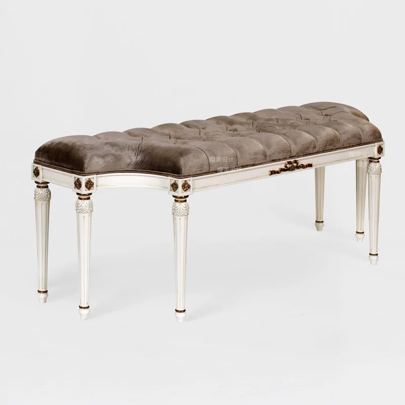 Mahogany Gold-Painted Bedside Stool, Neoclassical Carved Distressed Bedroom Bench, Irregular Fabric Pull-Button Chair