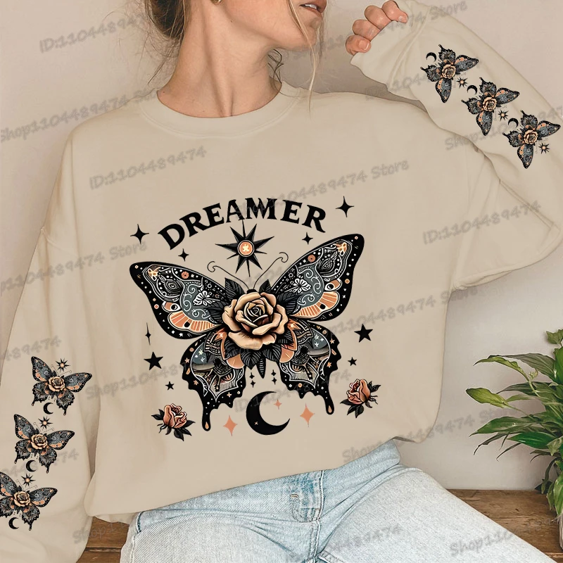Vintage Butterfly Dreamer Fleece Sweatshirts Vrouwen Grappige Dieren Vlinder Rose Print Grafische Sportkleding Vrouwelijke Koreaanse Sweatshirt