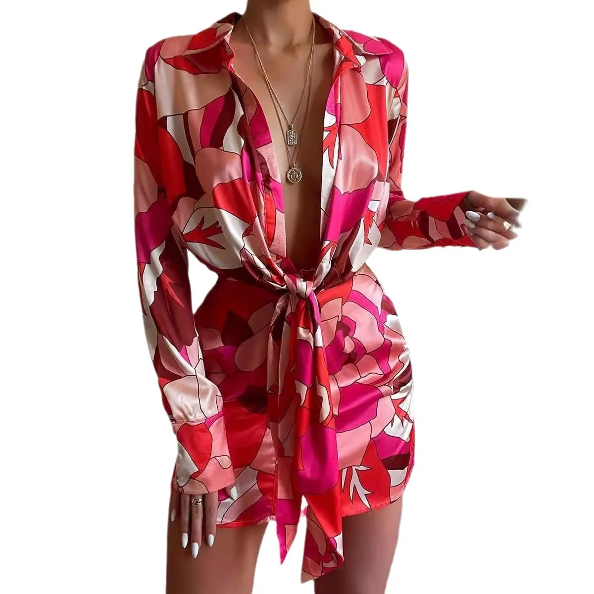 Sexy mujer impreso irt Dr Long Sve Floral bordado Wrap Dr Commute Sle modelo básico para la temporada de primavera