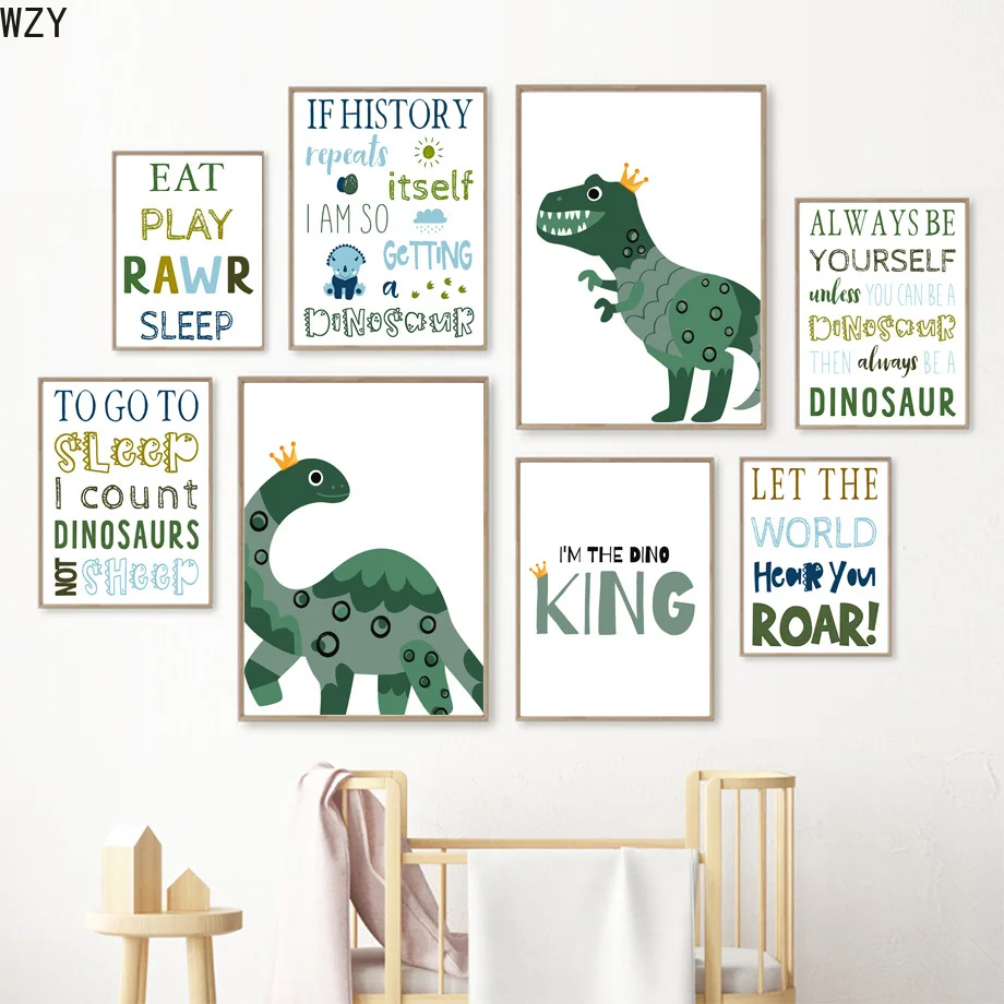 Nordic Dino Tracks Poster Painting, Kids Rules,Dinosaur Boy Nursery Wall Art Print,Canvas Wall Pictures, Baby Room, School Decor