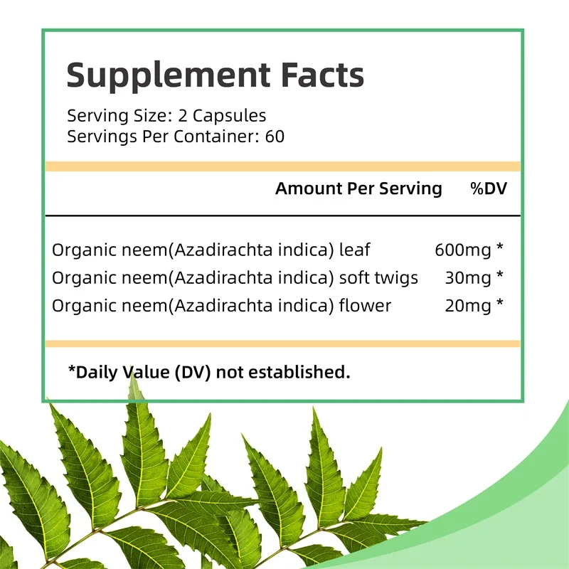 Neem Leaf Capsules - Supports Skin, Immune, & Liver Health, Detox, Antioxidant