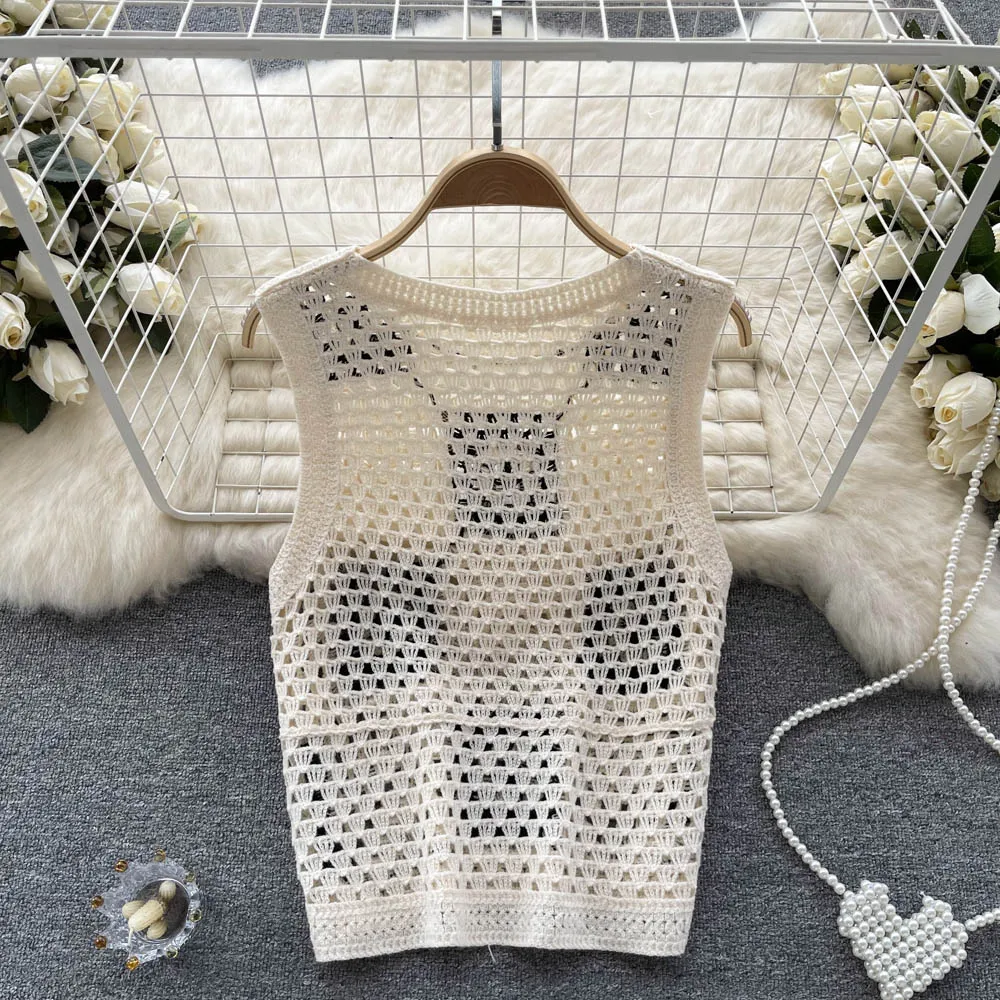 Women Granny Square Crochet Top Openwork Knit Sleeveless Vest Knitwear Laides Teengirl Summer Fairycore Cottagecore Outfit