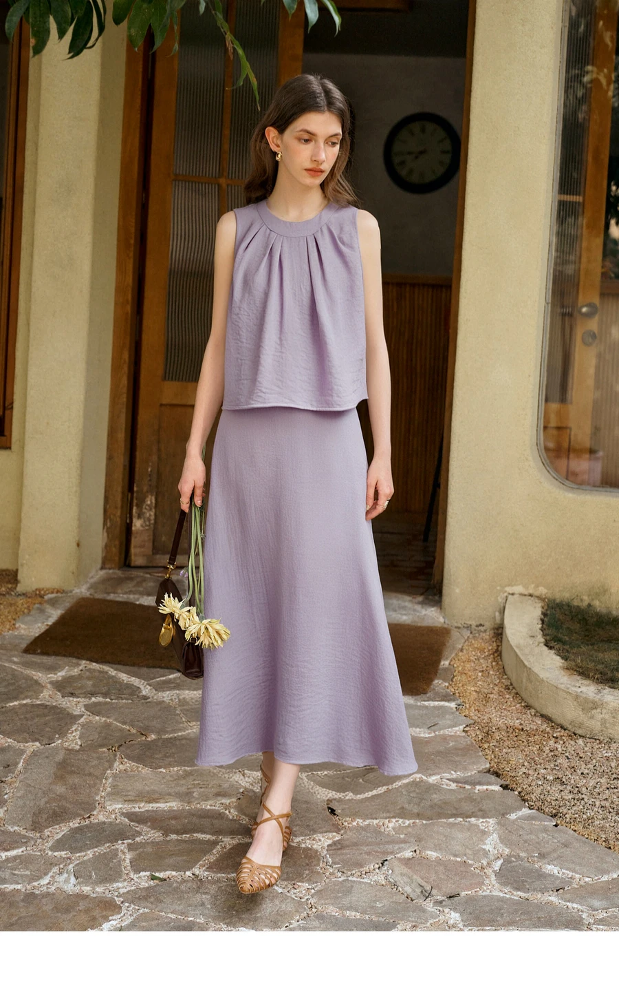 

OLrain Women's 2025 Summer Casual 2 Piece Sets Woman Vacation Outfits Folds Elegant Purple O-Neck Ladies Skirt Suit O57XE99225