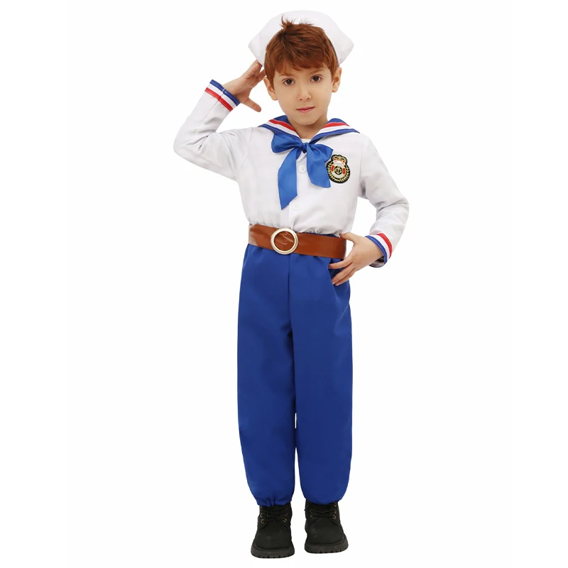 Disfraz de marinero de primera clase para niño y niña, traje de Cosplay de Halloween, Unisex, azul marino