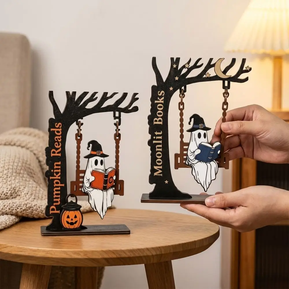 Hand Carved Reading Ghost Swing Ornament Spooky Gothic Dead Tree Ghost Bookshelf Sign Fall Themed Vintage