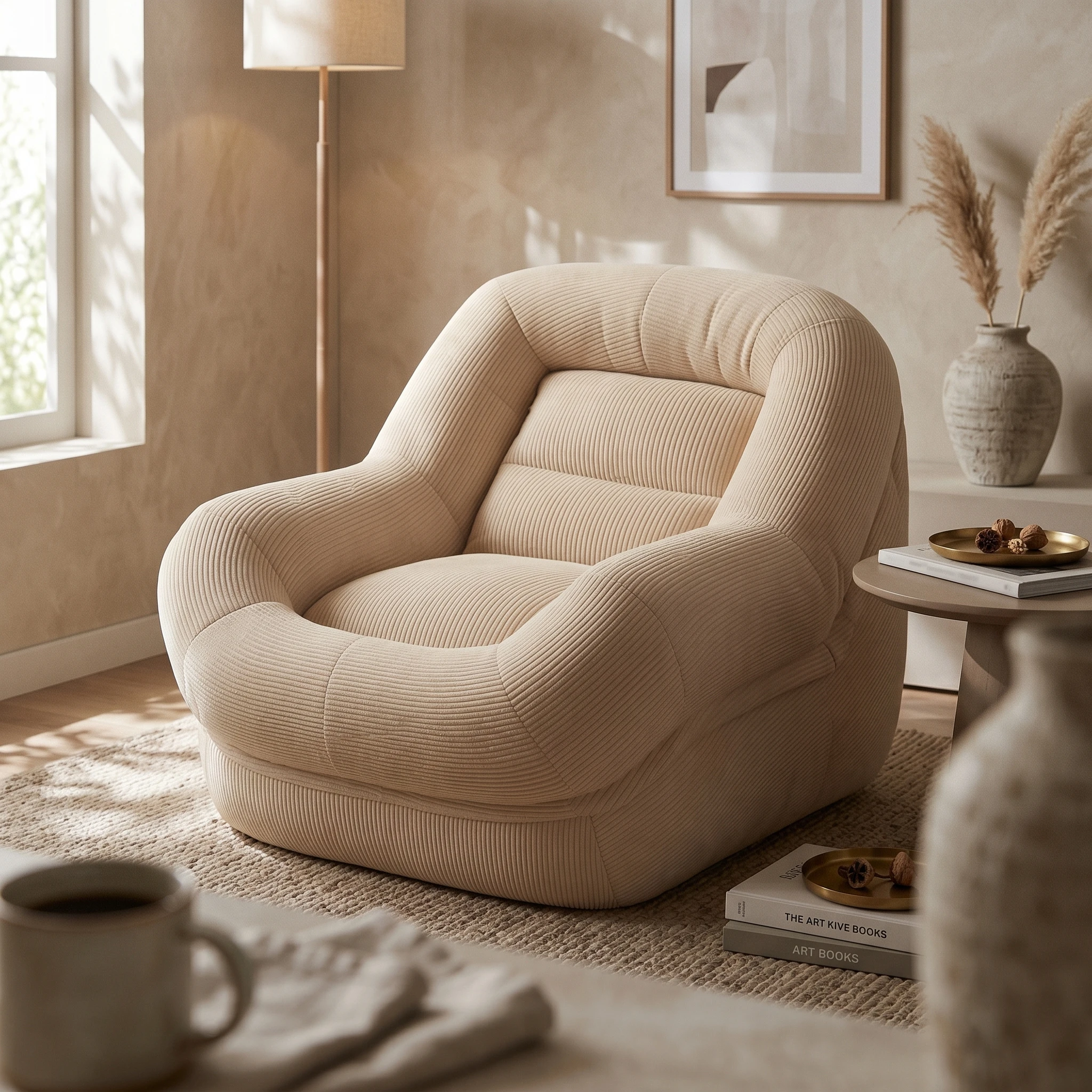 Lazy Floor Sofa Chair Reclined Barrel Floor Chair Seating Ribbed Furniture Upholstered